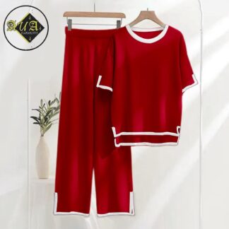 Women's Red White Trim Night Suit Medium XL Cotton Jersey