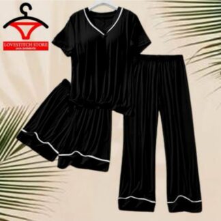3-Piece Black Silk-Like Night Suit for Men