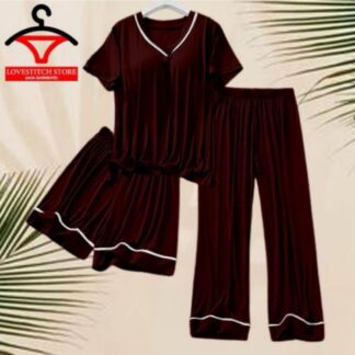 Maroon 3-Piece Night Suit with White Piping for Pakistani Homes