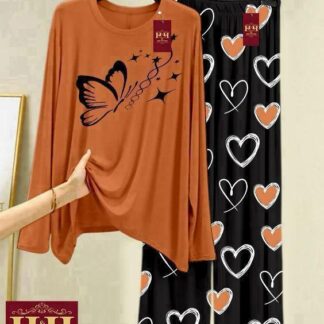 Pakistani Women Night Suit Butterfly Heart Print Cotton Jersey