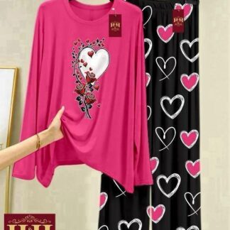 Women Printed Night Suit Pink Heart Design 2 Pcs