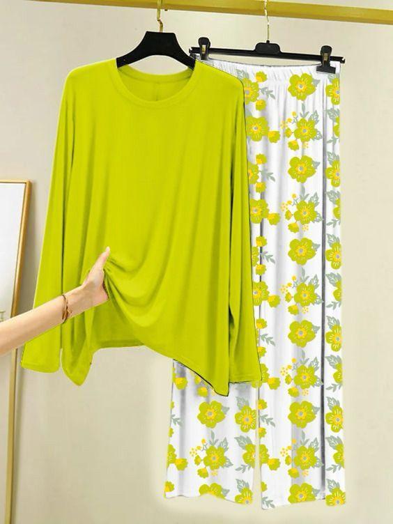 Pakistani Night Suit Cotton Jersey Floral Green White