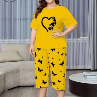 Premium Quality Night Suit Yellow Black Butterfly Capri Set