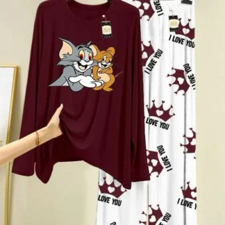 Tom and Jerry Printed Night Suit Maroon White 2Pc