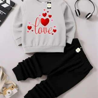 Girls Fleece Printed Tracksuit Grey Black 3-9Yrs