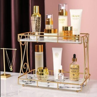 Golden Double Layer Makeup Rack with No Leak Storage