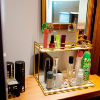 Premium Metal Makeup Organizer Gold Double Layer
