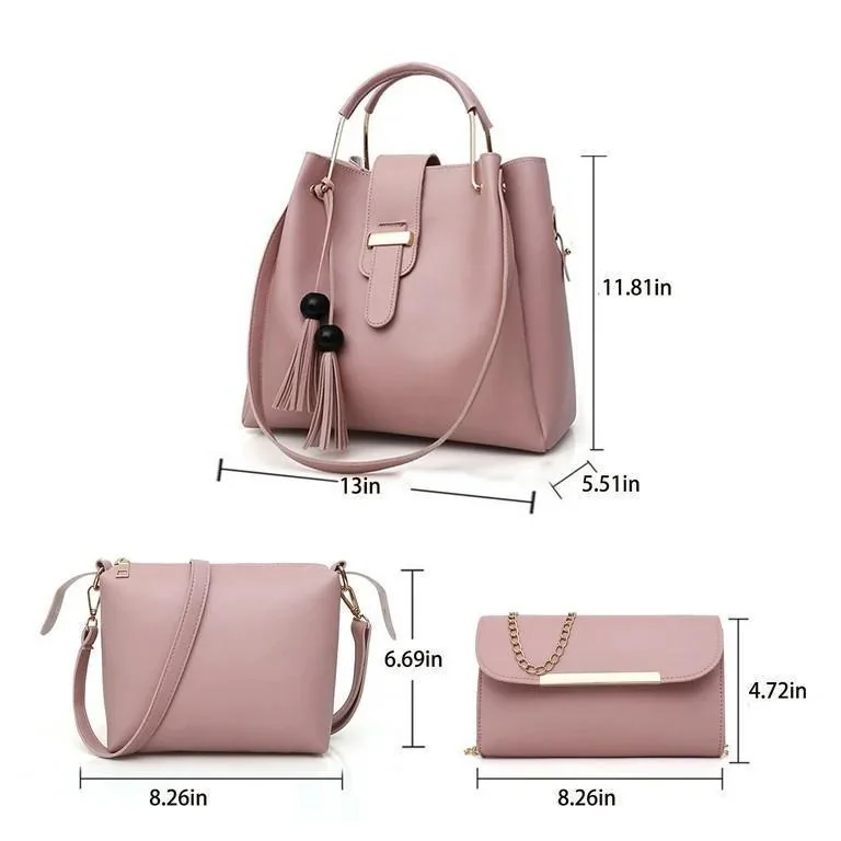 Chic Pink 3-Piece PU Leather Handbag Set for Women - Image 2