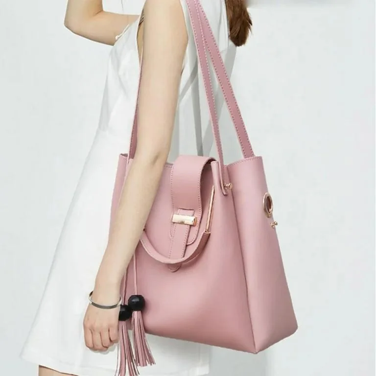 Chic Pink 3-Piece PU Leather Handbag Set for Women - Image 3