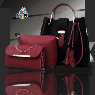 3-Piece Rexine Handbag Set Burgundy Black Tassel