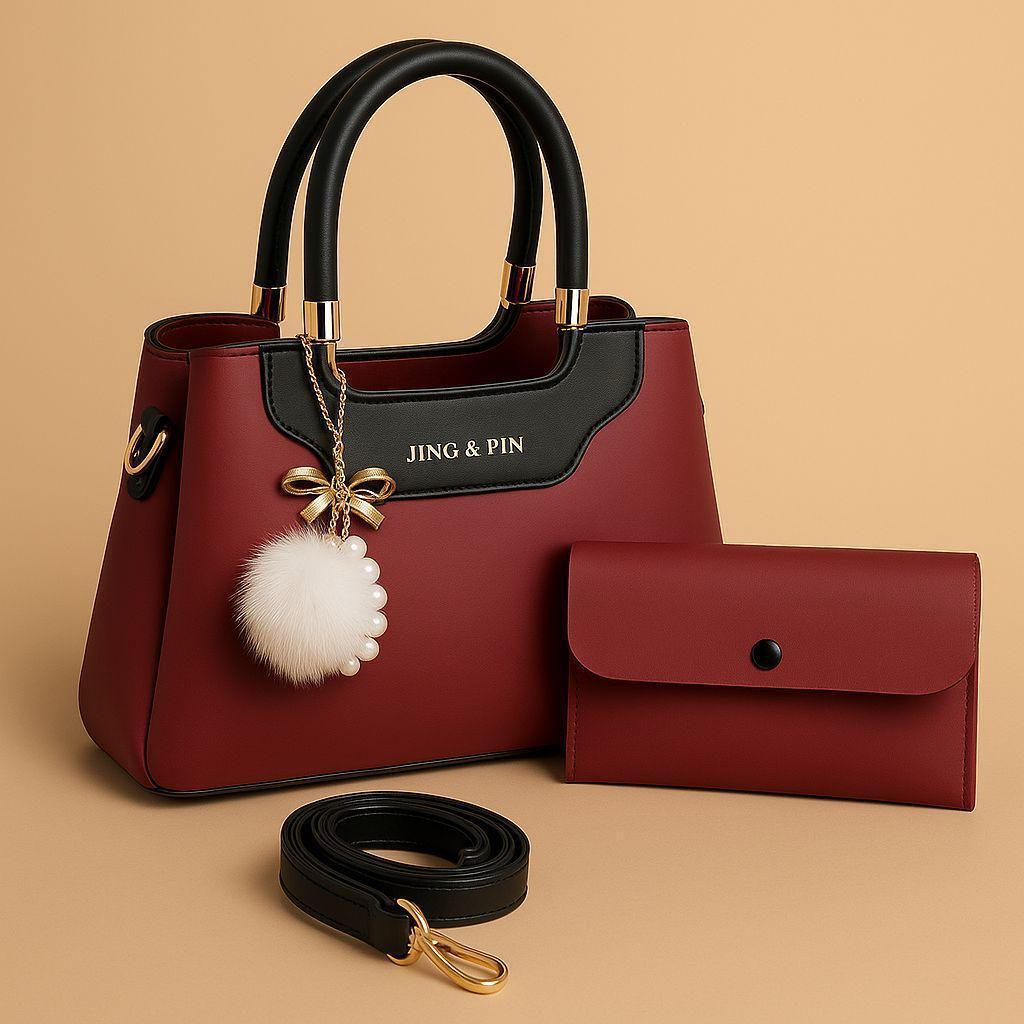 Maroon Handbag & Wallet Set for Girls with Gold Hardware - Image 3