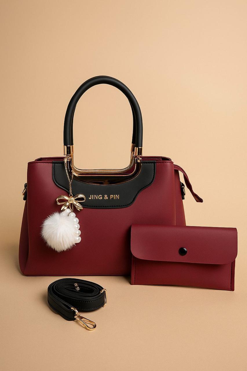 Maroon Handbag & Wallet Set for Girls with Gold Hardware - Image 4