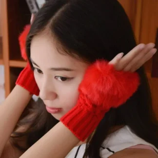 Red Faux Fur Fingerless Gloves for Women Winter