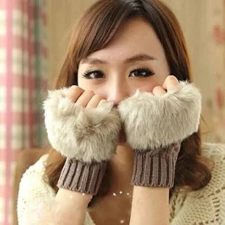 Winter Fingerless Gloves Brown Wool Fur Warm Pakistan