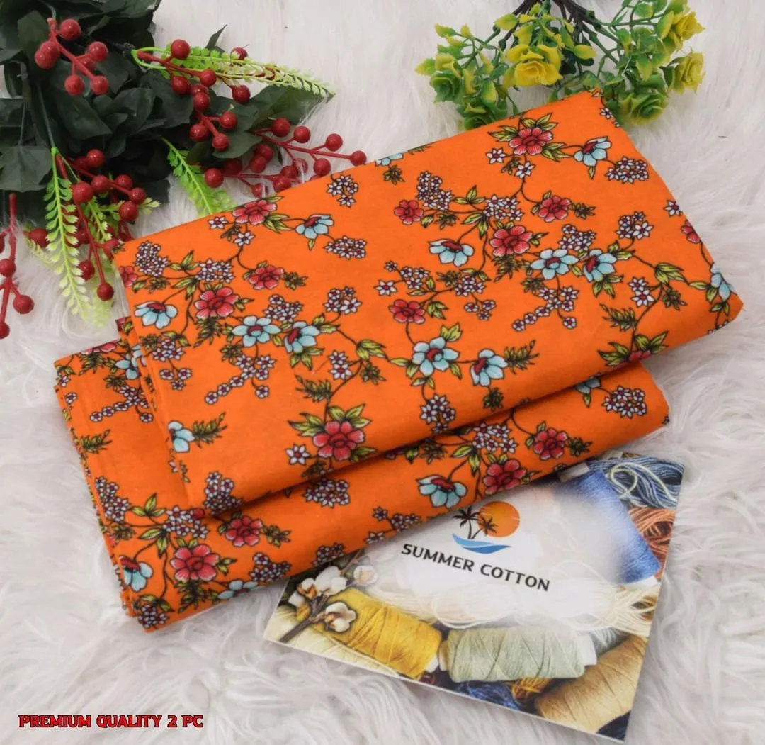 Women Printed Cotton Suit Orange 2 Pcs