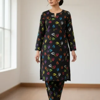 Women Printed 2 Pcs Suit Black Polo Cotton