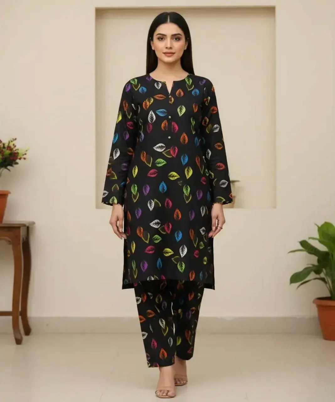 Women Printed 2 Pcs Suit Black Polo Cotton - Image 3