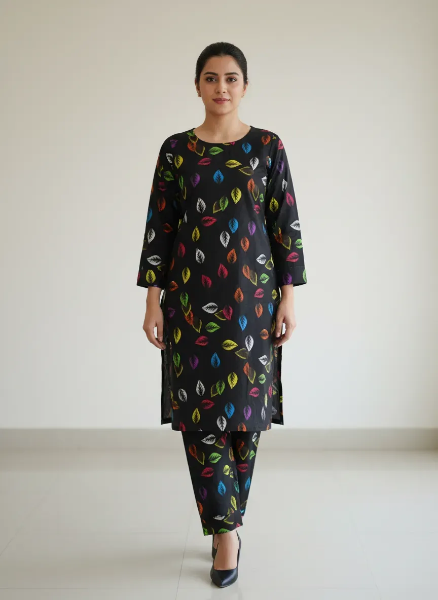 Women Printed 2 Pcs Suit Black Polo Cotton - Image 4