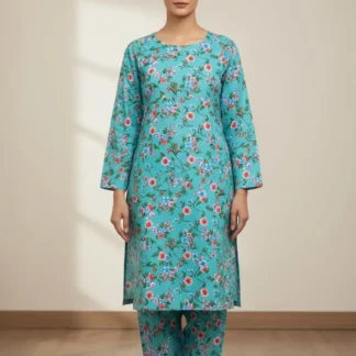 Turquoise Printed 2 Pcs Women's Suit Micro Polo Cotton