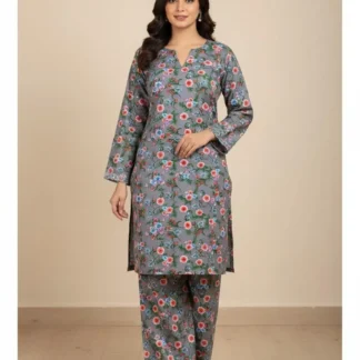 Women Printed 2-Piece Suit Grey Polo Cotton