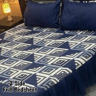 King Size Frill Bedsheet Set Blue Geometric Mix Cotton