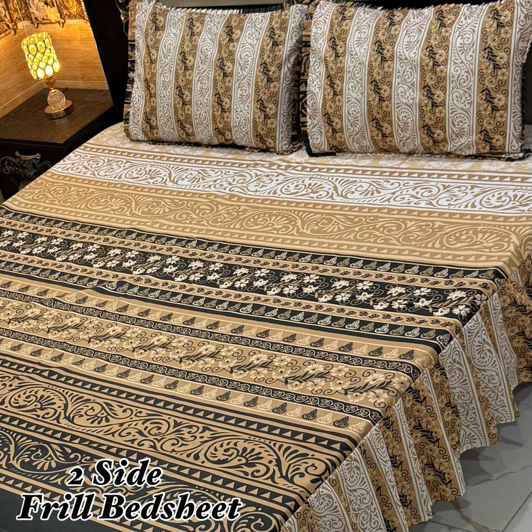 Premium Cotton Frill Bedsheet Brown Cream Double Bed 3 Pcs