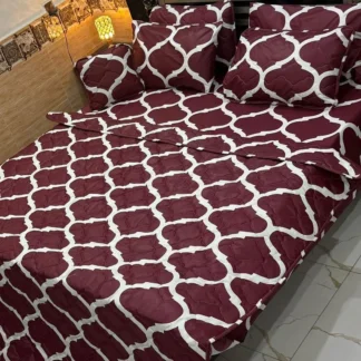 Maroon White Geometric Cotton Comforter Set for Double Bed