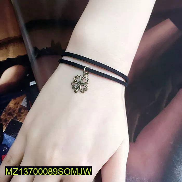 Black Rope Bracelet with Four Leaf Clover Charm Adjustable - Image 2