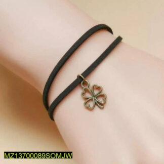 Black Rope Bracelet with Four Leaf Clover Charm Adjustable