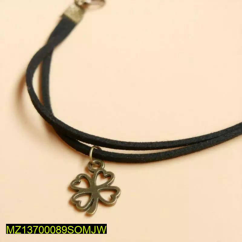 Black Rope Bracelet with Four Leaf Clover Charm Adjustable - Image 3