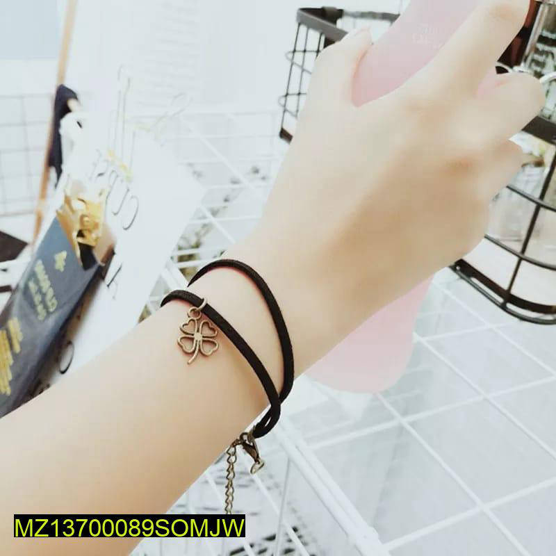 Black Rope Bracelet with Four Leaf Clover Charm Adjustable - Image 4