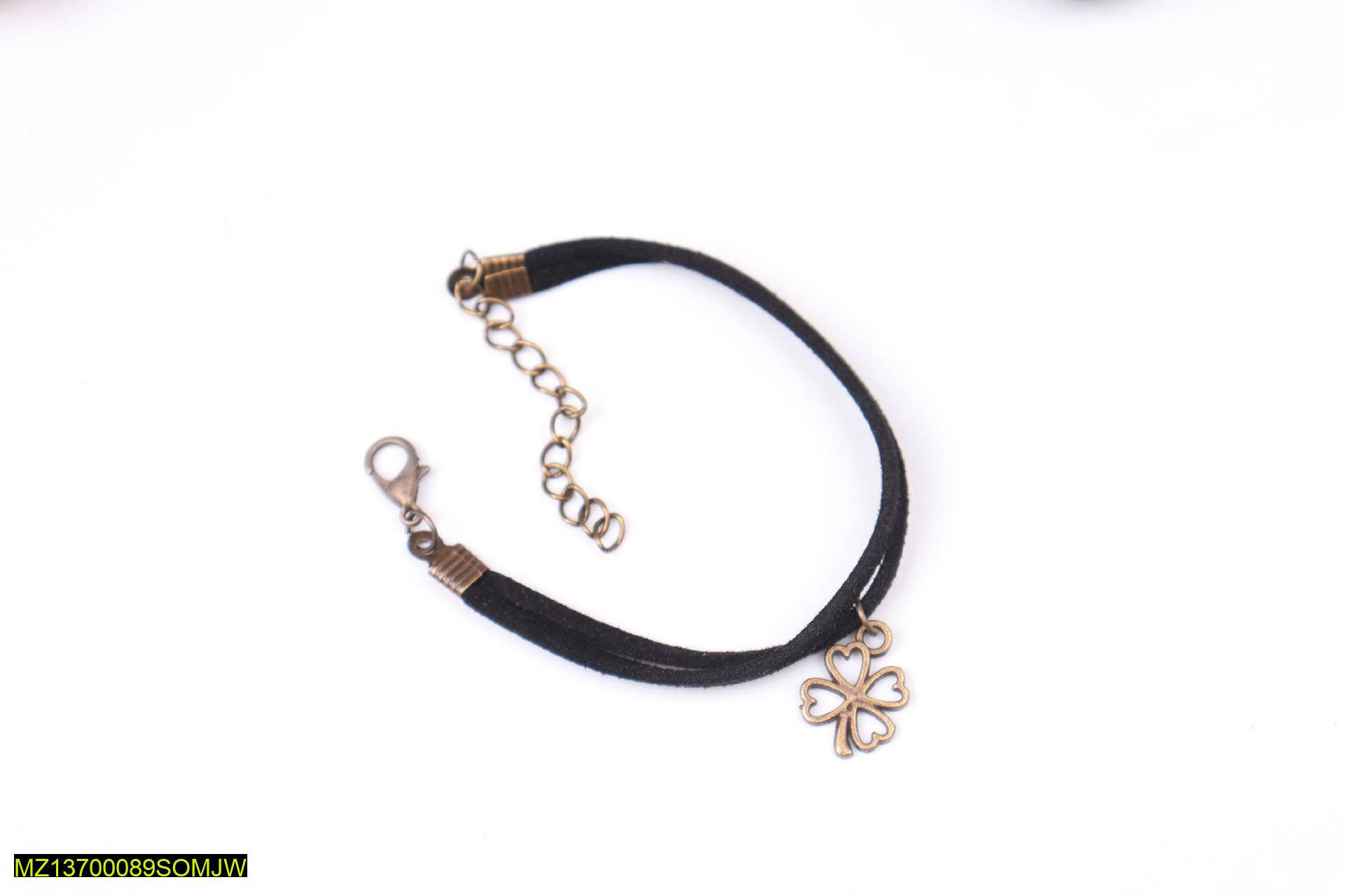 Black Rope Bracelet with Four Leaf Clover Charm Adjustable - Image 5