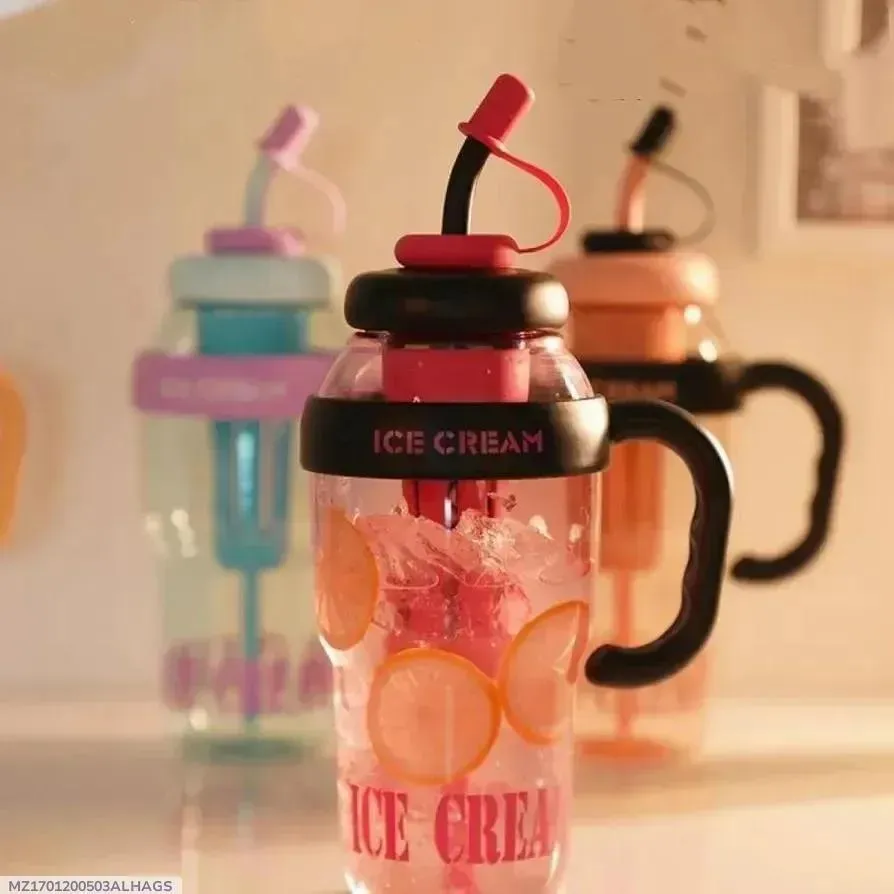Ice Cream Water Bottle with Straw & Handle