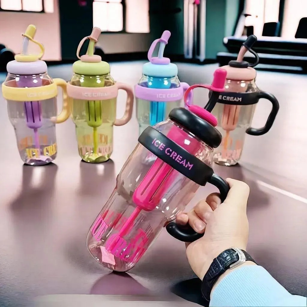 Ice Cream Water Bottle with Straw & Handle - Image 2