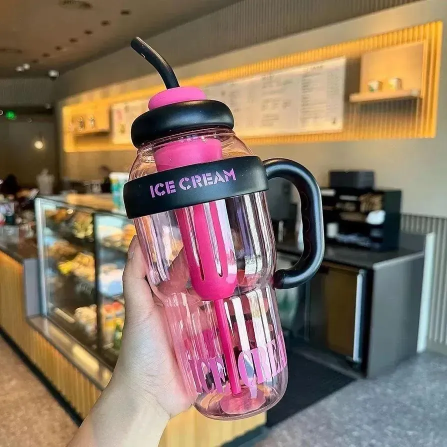 Ice Cream Water Bottle with Straw & Handle - Image 3