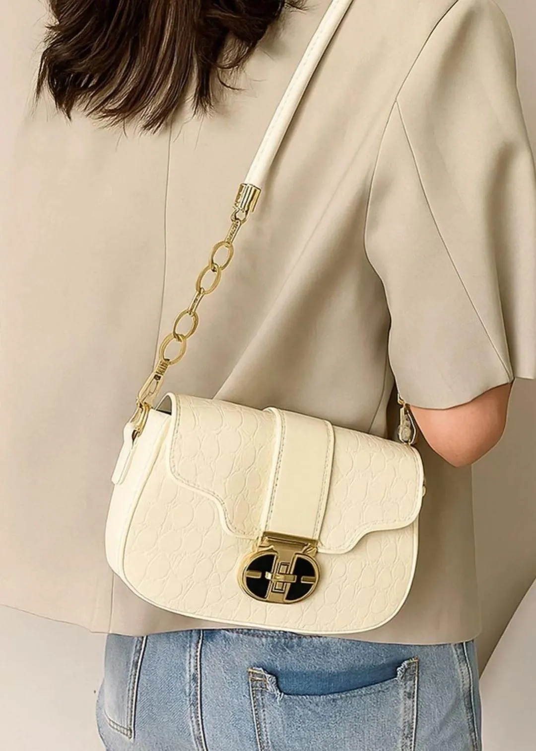 Black Cuff Strap Handbag for Girls with Gold Clasp - Image 7