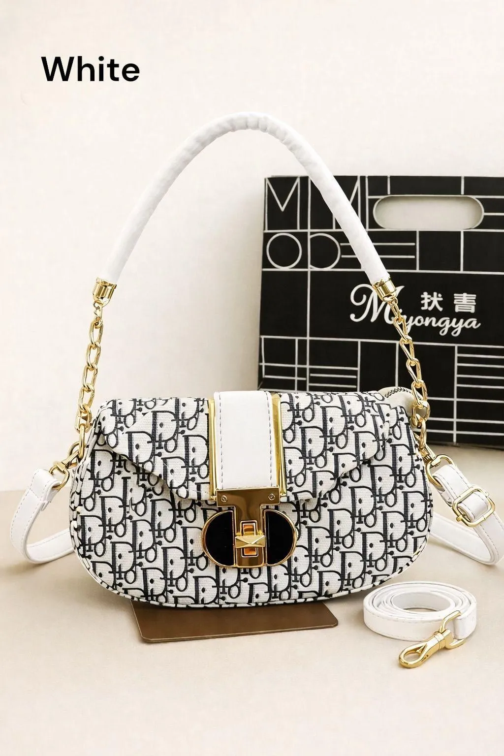 White Monogram Shoulder Bag for Girls with Chain Strap