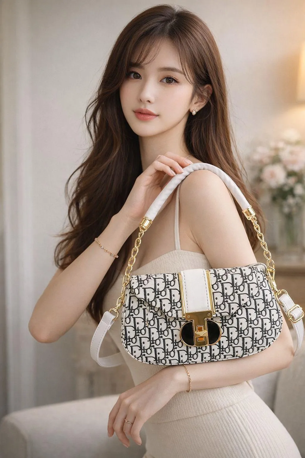 White Monogram Shoulder Bag for Girls with Chain Strap - Image 2