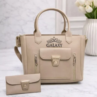 Beige Leather Handbag & Wallet Set for Women