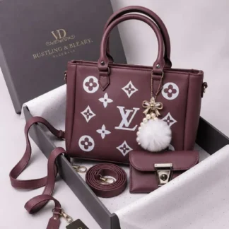 Women's Brown Leather Handbag Set with Top Handle