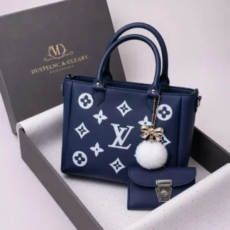 Women Blue Leather Handbag Set with Top Handle