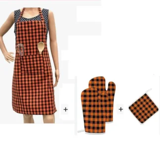 Cotton Oven Mitts & Apron Set Orange Black Checkered 4Pcs