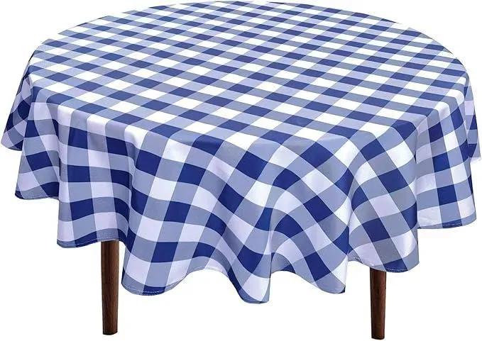 Cotton Round Tablecloth 70" Green White Checkered - Image 3