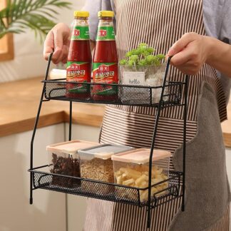 Two Tier Metal Spices Rack Black Kitchen Storage