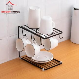 Black Metal Mug Stand with Plate Holder for Kitchen