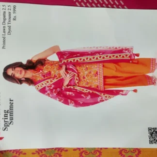 Women 3 Pcs Printed Lawn Suit Orange Unstitched