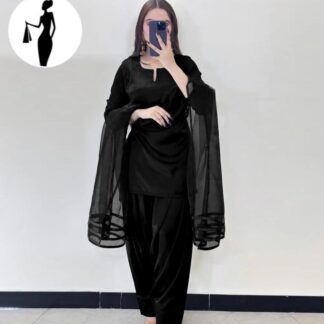 Black 3-Piece Shamoz Silk Suit with Sheer Dupatta