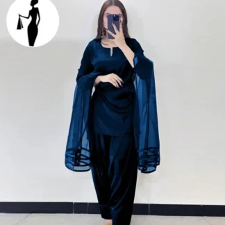 3 Pcs Women's Stitched Plain Suit V Neck Plain Shirt With Long Flare Orignal Farshi Shalwar And Dupatta