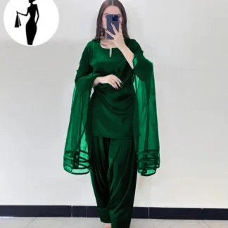 Green 3Pcs Women's Shamoz Silk Suit with Organza Dupatta