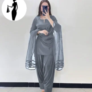 Grey 3Pcs Women's Stitched Plain Suit with Organza Dupatta